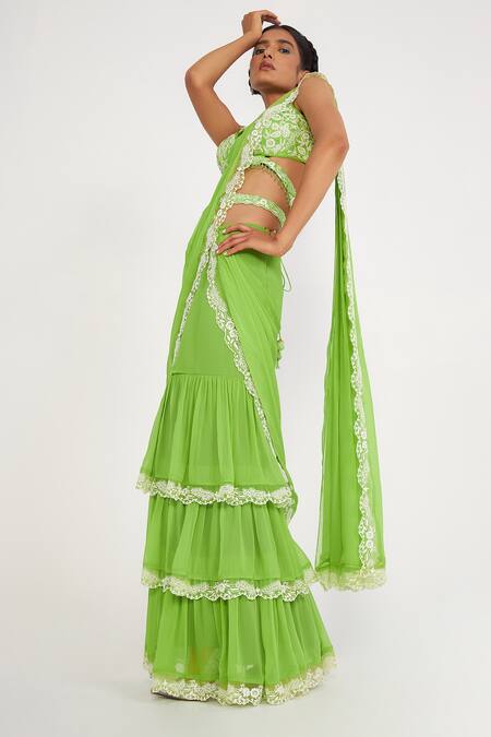 Asaga_Green Silk, Georgette, Linen Embroidery, Stella Pre-draped Tiered Saree Set _Online_at_Aza_Fashions