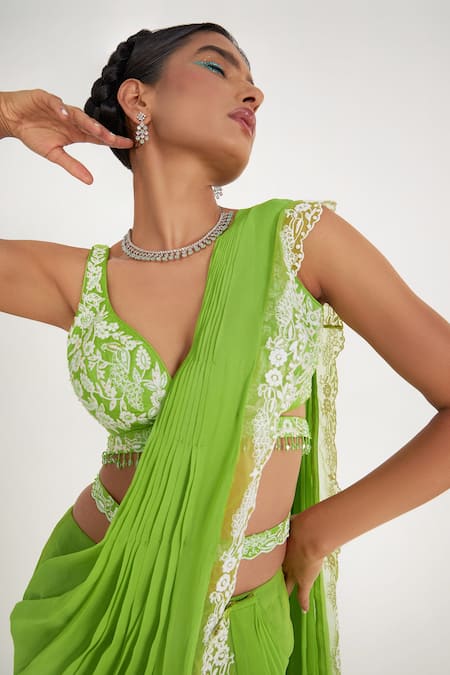 Buy_Asaga_Green Silk, Georgette, Linen Embroidery, Stella Pre-draped Tiered Saree Set _Online_at_Aza_Fashions