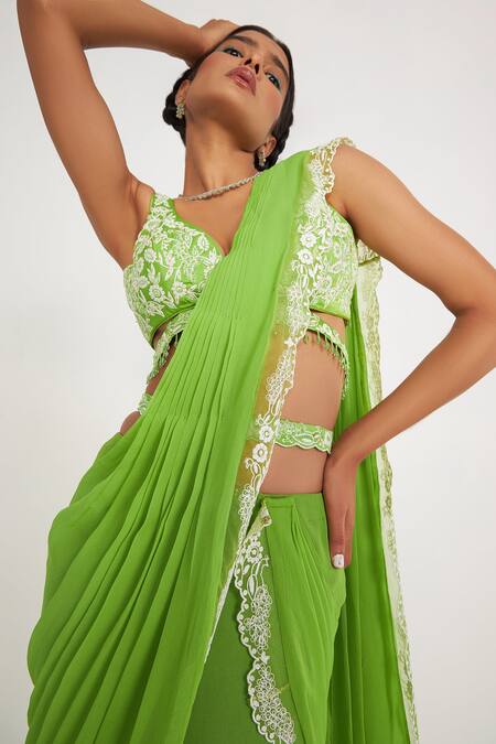 Shop_Asaga_Green Silk, Georgette, Linen Embroidery, Stella Pre-draped Tiered Saree Set _Online_at_Aza_Fashions
