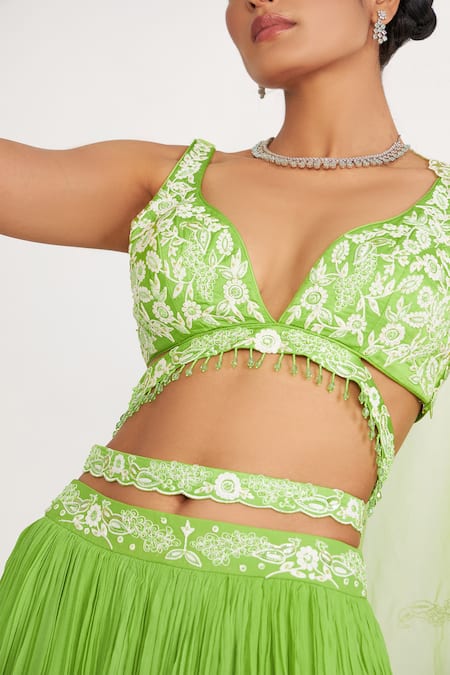 Buy Asaga Green Silk, Organza, Viscose Embroidery, Lace V-neck Cora Waistband Lehenga Set Online at Aza Fashions Buy_Asaga_Green Silk, Organza, Viscose Embroidery, Lace V-neck Cora Waistband Lehenga Set _Online_at_Aza_Fashions