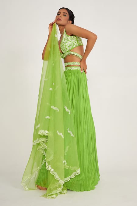 Shop Asaga Green Silk, Organza, Viscose Embroidery, Lace V-neck Cora Waistband Lehenga Set Online at Aza Fashions Shop_Asaga_Green Silk, Organza, Viscose Embroidery, Lace V-neck Cora Waistband Lehenga Set _Online_at_Aza_Fashions