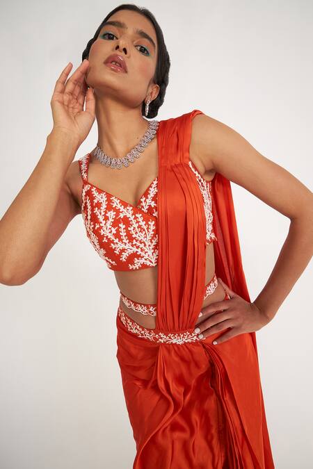 Asaga_Orange Silk, Cotton Satin, Linen Embroidery Lune Blouse Pre-draped Saree Set _Online_at_Aza_Fashions
