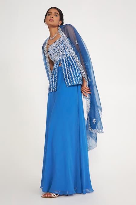 Asaga Blue Silk, Organza, Georgette Embroidery Square Neck Grace Top Sharara Set Online at Aza Fashions Asaga_Blue Silk, Organza, Georgette Embroidery Square Neck Grace Top Sharara Set _Online_at_Aza_Fashions
