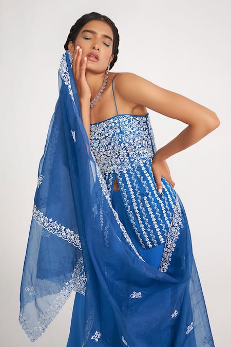 Shop Asaga Blue Silk, Organza, Georgette Embroidery Square Neck Grace Top Sharara Set Online at Aza Fashions Shop_Asaga_Blue Silk, Organza, Georgette Embroidery Square Neck Grace Top Sharara Set _Online_at_Aza_Fashions