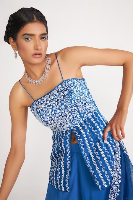 Asaga Blue Silk, Organza, Georgette Embroidery Square Neck Grace Top Sharara Set at Aza Fashions Asaga_Blue Silk, Organza, Georgette Embroidery Square Neck Grace Top Sharara Set _at_Aza_Fashions