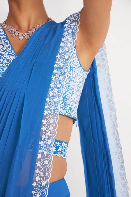 Asaga Blue Silk, Georgette, Linen Embroidery V-neck Della Blouse Pre-draped Saree Set Online at Aza Fashions Asaga_Blue Silk, Georgette, Linen Embroidery V-neck Della Blouse Pre-draped Saree Set _Online_at_Aza_Fashions