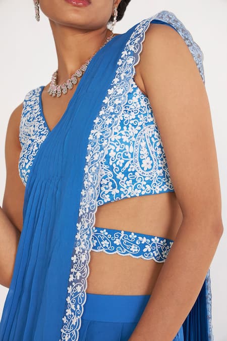 Buy Asaga Blue Silk, Georgette, Linen Embroidery V-neck Della Blouse Pre-draped Saree Set Online at Aza Fashions Buy_Asaga_Blue Silk, Georgette, Linen Embroidery V-neck Della Blouse Pre-draped Saree Set _Online_at_Aza_Fashions