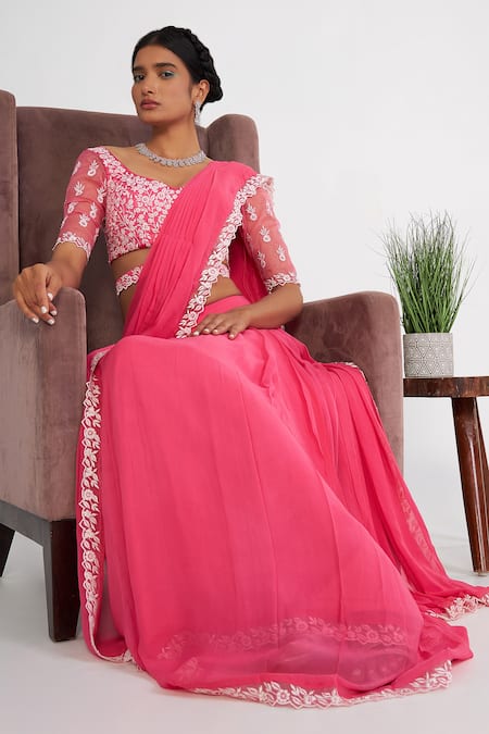 Asaga_Pink Chanderi Embroidery Sweetheart Cady Floral Blouse Pre-draped Saree Set _Online_at_Aza_Fashions