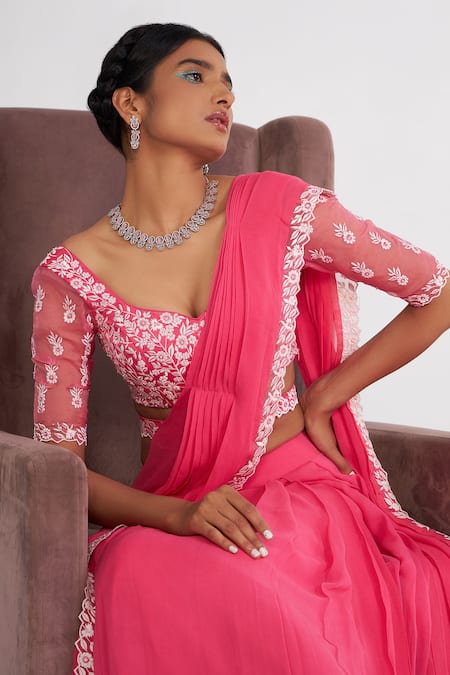 Buy_Asaga_Pink Chanderi Embroidery Sweetheart Cady Floral Blouse Pre-draped Saree Set _Online_at_Aza_Fashions