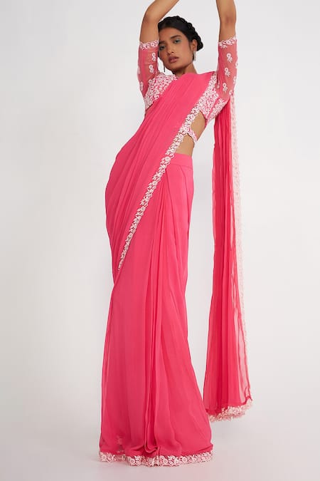Shop_Asaga_Pink Chanderi Embroidery Sweetheart Cady Floral Blouse Pre-draped Saree Set _Online_at_Aza_Fashions