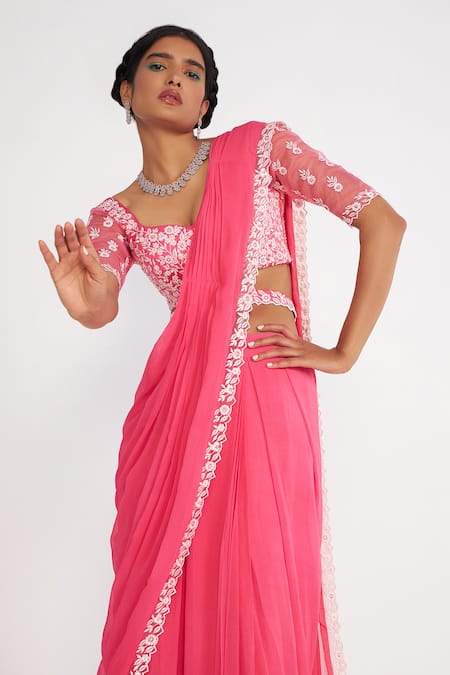 Asaga_Pink Chanderi Embroidery Sweetheart Cady Floral Blouse Pre-draped Saree Set _at_Aza_Fashions
