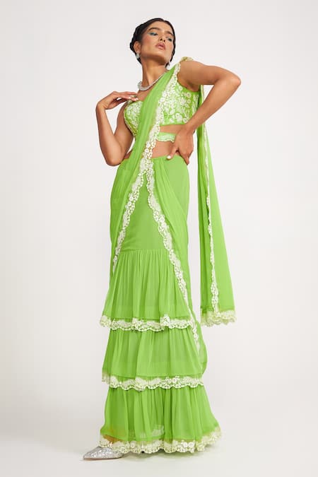 Asaga Green Silk, Georgette, Linen Embroidery Lucy Pre-draped Tiered Saree Set Online at Aza Fashions Asaga_Green Silk, Georgette, Linen Embroidery Lucy Pre-draped Tiered Saree Set _Online_at_Aza_Fashions