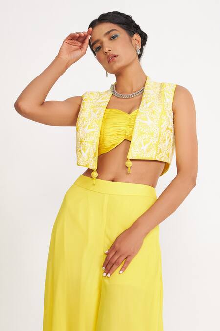 Shop Asaga Yellow Silk, Georgette Embroidery Sweetheart Neck, Clara Jacket Sharara Set Online at Aza Fashions Shop_Asaga_Yellow Silk, Georgette Embroidery Sweetheart Neck, Clara Jacket Sharara Set _Online_at_Aza_Fashions