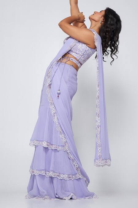 Asaga Purple Silk, Georgette, Linen Embroidery Sweetheart Neck Isa Pre-draped Saree Online at Aza Fashions Asaga_Purple Silk, Georgette, Linen Embroidery Sweetheart Neck Isa Pre-draped Saree _Online_at_Aza_Fashions