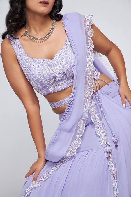 Shop Asaga Purple Silk, Georgette, Linen Embroidery Sweetheart Neck Isa Pre-draped Saree Online at Aza Fashions Shop_Asaga_Purple Silk, Georgette, Linen Embroidery Sweetheart Neck Isa Pre-draped Saree _Online_at_Aza_Fashions