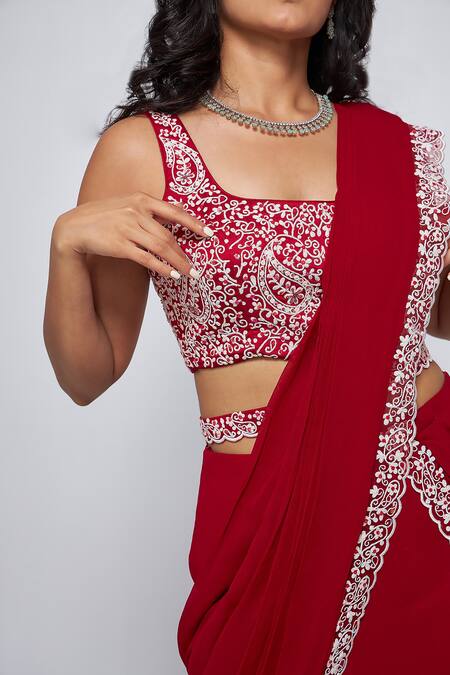 Asaga Maroon Silk, Georgette Embroidery Square Neck Keva Pre-draped Saree Online at Aza Fashions Asaga_Maroon Silk, Georgette Embroidery Square Neck Keva Pre-draped Saree _Online_at_Aza_Fashions