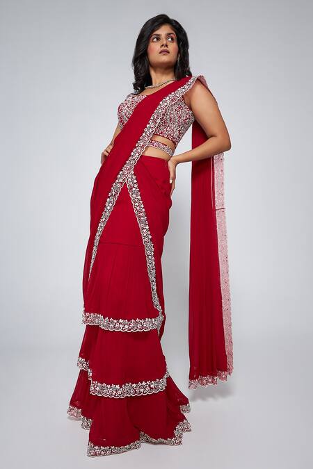 Buy Asaga Maroon Silk, Georgette Embroidery Square Neck Keva Pre-draped Saree Online at Aza Fashions Buy_Asaga_Maroon Silk, Georgette Embroidery Square Neck Keva Pre-draped Saree _Online_at_Aza_Fashions