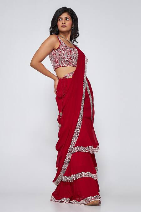 Asaga Maroon Silk, Georgette Embroidery Square Neck Keva Pre-draped Saree at Aza Fashions Asaga_Maroon Silk, Georgette Embroidery Square Neck Keva Pre-draped Saree _at_Aza_Fashions