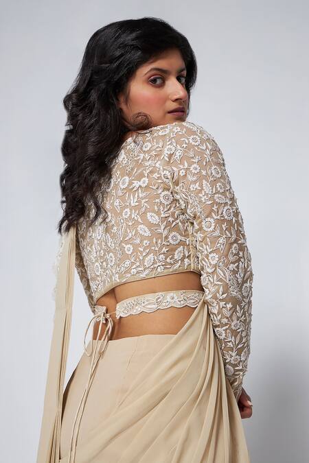 Asaga Beige Silk, Georgette Bows, Embroidery Sweetheart Neck Kate Pre-draped Saree Online at Aza Fashions Asaga_Beige Silk, Georgette Bows, Embroidery Sweetheart Neck Kate Pre-draped Saree _Online_at_Aza_Fashions