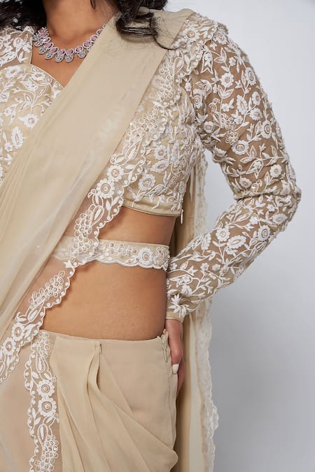 Buy Asaga Beige Silk, Georgette Bows, Embroidery Sweetheart Neck Kate Pre-draped Saree Online at Aza Fashions Buy_Asaga_Beige Silk, Georgette Bows, Embroidery Sweetheart Neck Kate Pre-draped Saree _Online_at_Aza_Fashions