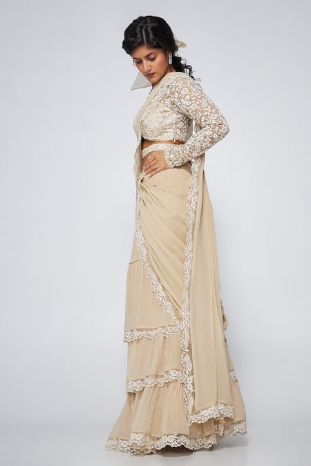 Shop Asaga Beige Silk, Georgette Bows, Embroidery Sweetheart Neck Kate Pre-draped Saree Online at Aza Fashions Shop_Asaga_Beige Silk, Georgette Bows, Embroidery Sweetheart Neck Kate Pre-draped Saree _Online_at_Aza_Fashions
