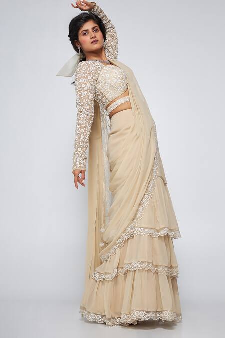 Asaga Beige Silk, Georgette Bows, Embroidery Sweetheart Neck Kate Pre-draped Saree at Aza Fashions Asaga_Beige Silk, Georgette Bows, Embroidery Sweetheart Neck Kate Pre-draped Saree _at_Aza_Fashions