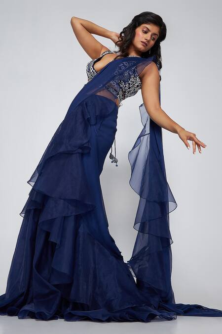 Asaga_Blue Chiffon, Silk, Organza Embroidery, Ruffles V-neck Ella Pre-draped Saree _Online_at_Aza_Fashions