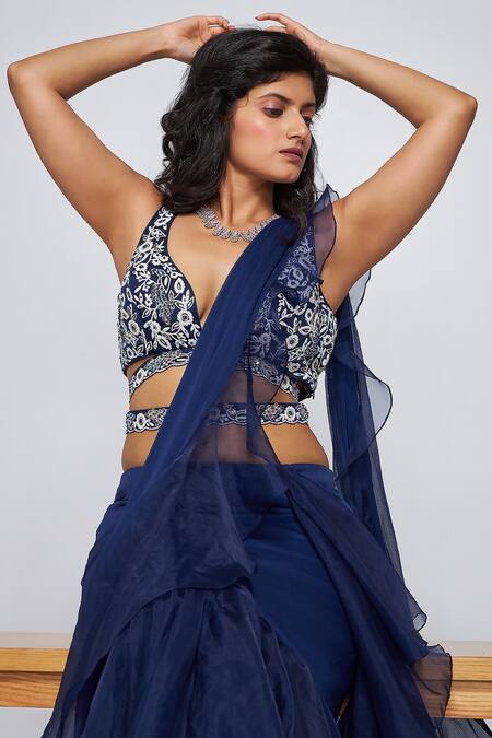 Buy_Asaga_Blue Chiffon, Silk, Organza Embroidery, Ruffles V-neck Ella Pre-draped Saree _Online_at_Aza_Fashions