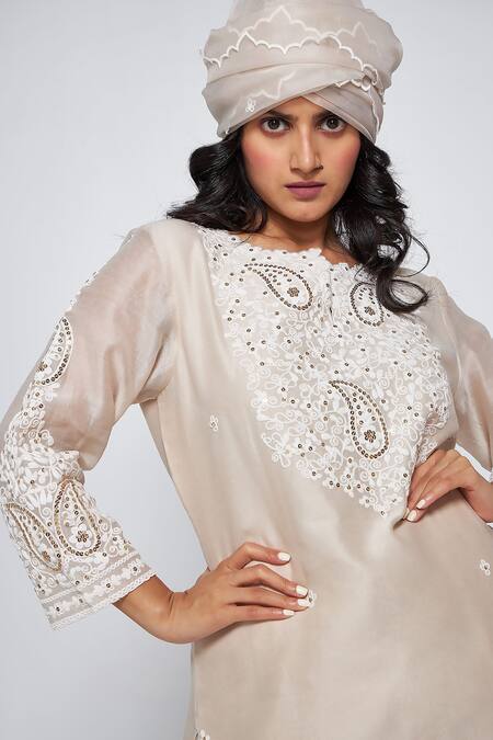 Shop_Asaga_Silver Chanderi, Muslin, Organza Embroidery Mandarin Stella Floral Kurta Set _Online_at_Aza_Fashions