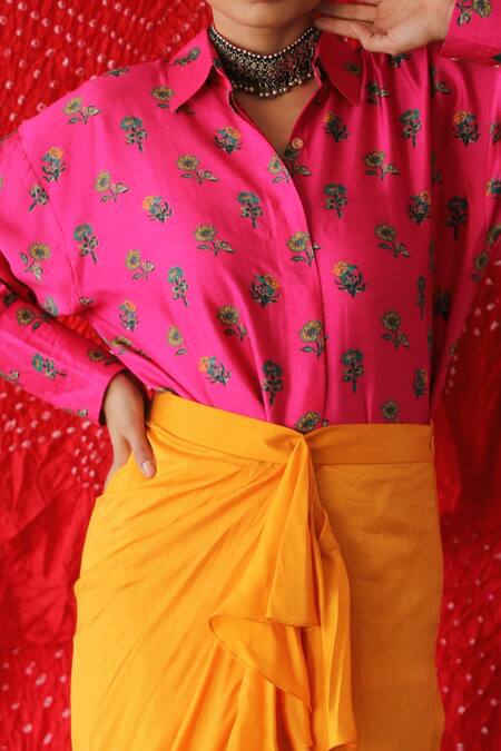 Shachi Sood Pink Silk Embroidery, Ruffles Shawl Neck Floral Print Shirt And Skirt Set Online at Aza Fashions Shachi Sood_Pink Silk Embroidery, Ruffles Shawl Neck Floral Print Shirt And Skirt Set_Online_at_Aza_Fashions