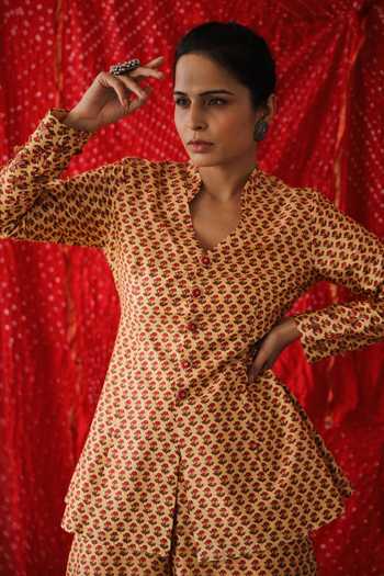 Shachi Sood_Yellow Silk Tassels, Embroidery Mandarin Floral Print Peplum Top And Pant Set _Online_at_Aza_Fashions