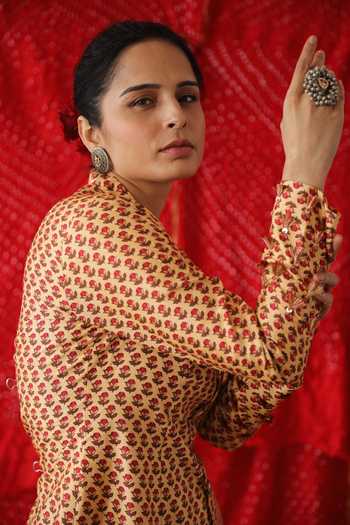 Buy_Shachi Sood_Yellow Silk Tassels, Embroidery Mandarin Floral Print Peplum Top And Pant Set _Online_at_Aza_Fashions