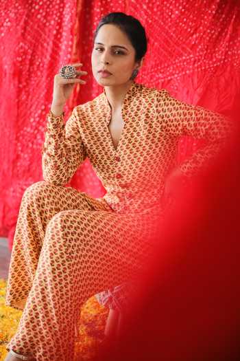 Shop_Shachi Sood_Yellow Silk Tassels, Embroidery Mandarin Floral Print Peplum Top And Pant Set _Online_at_Aza_Fashions