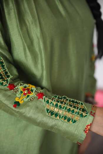 Buy_Shachi Sood_Green Silk Sequins, Embroidery High Neck Sleeve Tunic And Pant Set _Online_at_Aza_Fashions
