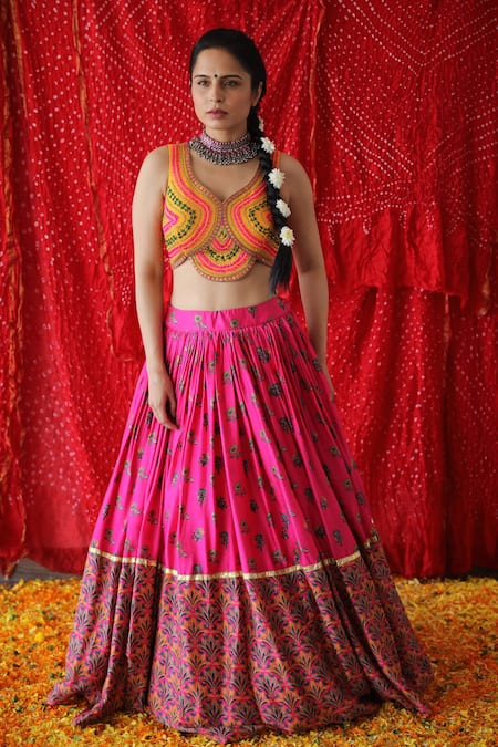 Shachi Sood_Pink Silk, Organza, Chanderi Sequins, Embroidery, Beads Floral Print Lehenga Set _Online_at_Aza_Fashions