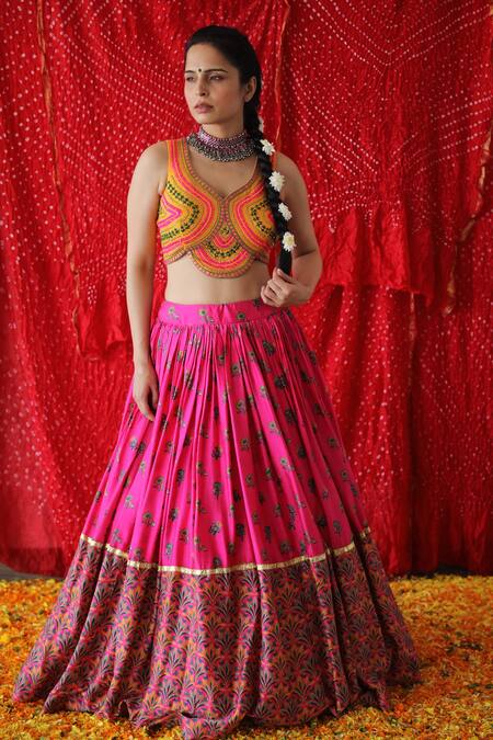 Buy_Shachi Sood_Pink Silk, Organza, Chanderi Sequins, Embroidery, Beads Floral Print Lehenga Set _Online_at_Aza_Fashions