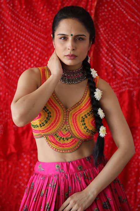 Shop_Shachi Sood_Pink Silk, Organza, Chanderi Sequins, Embroidery, Beads Floral Print Lehenga Set _Online_at_Aza_Fashions