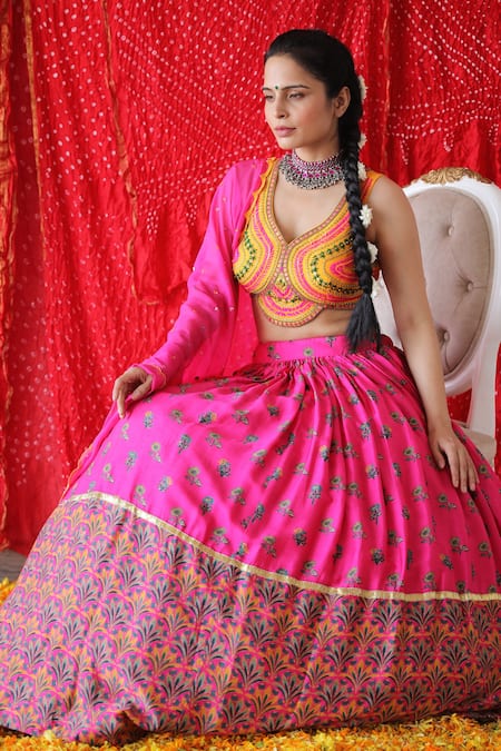 Shachi Sood_Pink Silk, Organza, Chanderi Sequins, Embroidery, Beads Floral Print Lehenga Set _at_Aza_Fashions