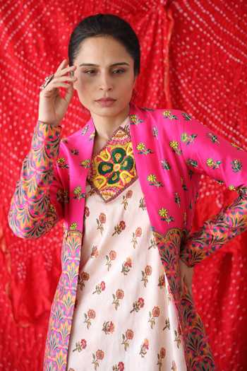 Shachi Sood_Pink Silk Beads, Sequins One Shoulder, Open Neck Floral Print Jacket And Dress _Online_at_Aza_Fashions