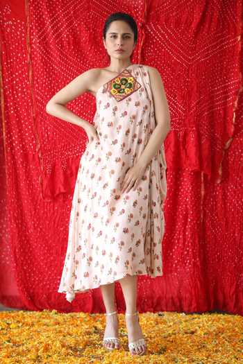 Buy_Shachi Sood_Pink Silk Beads, Sequins One Shoulder, Open Neck Floral Print Jacket And Dress _Online_at_Aza_Fashions