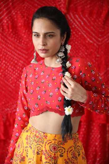Shachi Sood_Pink Silk Sequins, Embroidery Round Neck Floral Print Top And Palazzo Set _Online_at_Aza_Fashions