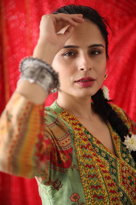 Buy_Shachi Sood_Green Organza, Denim, Silk Beads, Sequins V-neck Floral Print Kurta And Pant Set _Online_at_Aza_Fashions