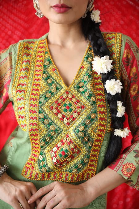 Shop_Shachi Sood_Green Organza, Denim, Silk Beads, Sequins V-neck Floral Print Kurta And Pant Set _Online_at_Aza_Fashions