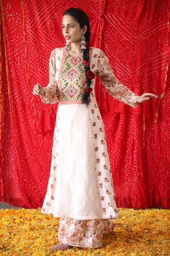 Shachi Sood_Off White Organza, Denim, Silk Embroidery, Floral Print Kurta And Palazzo Set _Online_at_Aza_Fashions