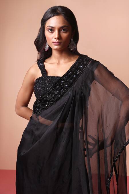 Soha By Harleen And Sona_Black Cape Organza Embroidered Cutdana Cape One Shoulder Sheer Palazzo Set _Online_at_Aza_Fashions