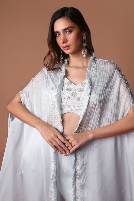Soha By Harleen And Sona_Blue Silk, Georgette Cut Work Cutdana Embellished Frilled Cape Palazzo Set _Online_at_Aza_Fashions