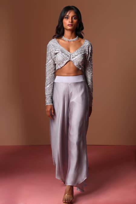 Soha By Harleen And Sona_Grey Silk, Organza Crystal Stripe Pattern Embellished Blouse With Palazzo _Online_at_Aza_Fashions