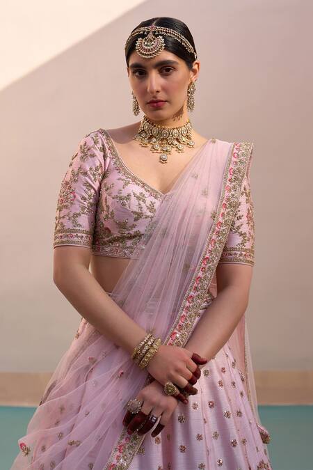Angad Singh_Pink Silk, Net Sequins, Embroidery, Zari Bridal Lehenga Set _Online_at_Aza_Fashions