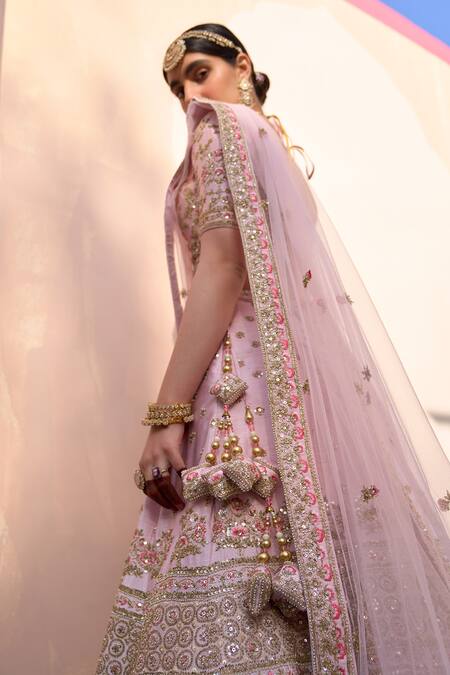Shop_Angad Singh_Pink Silk, Net Sequins, Embroidery, Zari Bridal Lehenga Set _Online_at_Aza_Fashions