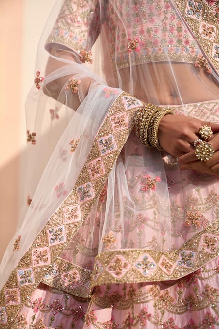 Angad Singh Pink Silk Sequins, Zari Floral Zardozi Embroidered Pastel Bridal Lehenga Set Online at Aza Fashions Angad Singh_Pink Silk Sequins, Zari Floral Zardozi Embroidered Pastel Bridal Lehenga Set _Online_at_Aza_Fashions